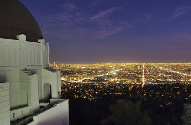 
                    A view of the LA basin at dusk from the western side of the Samuel Oschin Planetarium dome of Griffith Observatory, February 2006.
                                            (Griffith Observatory)
                                        