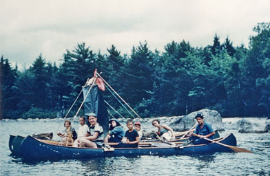 
                    The "Delta Rig" floats in the Penobscot Bay in Maine. It was so named because delta, as a greek letter, was represented by a triangle and there are three canoes. Victoria Silks sits in the back left.
                                            (Victoria Silks)
                                        