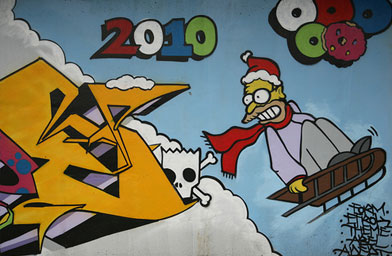 
                    A Simpsons mural in Kerrisdale, Vancouver, B.C. It appears to be in honor of the Vancouver 2010 Winter Olympics.
                                            (Scott Beale / Laughing Squid)
                                        