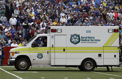 
                    An ambulance on the field waits to transport Kevin Everett of the Buffalo Bills after he was injured during the game against the Denver Broncos on September 9, 2007 at Ralph Wilson Stadium in Orchard Park, New York.
                                            (Rick Stewart/Getty Images)
                                        