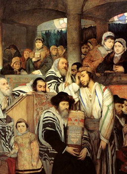 
                    An 1878 painting by Maurycy Gottlieb depicts Ashkenazi Jews praying in the synagogue on Yom Kippur, the Jewish day of atonement. Traditional elements shown include tallit, the torah, kippot and the segregation of men and women in the synagogue. The artist has painted himself among the people of his hometown of Drohobych.
                                        