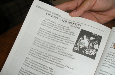 
                    Sui's poem, "Victory with Identity," in the Chin National Front publication written under the pen name, "Midnight."
                                            (Kara Oehler)
                                        