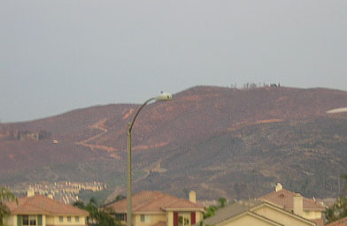 
                    Larry Himmel, a television reporter, did a report in front of his burning house. His house was out on that hill somewhere. At the top of the hill you can see some trees. There used to be a large blue house where those trees are. At the far left you can also see a fuzzy silhouette of a destroyed home.
                                            (John Vogel)
                                        