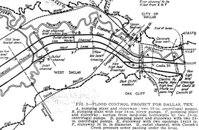 
                    This schematic drawing from the 1930s shows the Trinity flood control project. The dark dashes show the boundaries of a major flood in 1908 that prompted the city to dig a new channel for the river and wall it off behind levees.
                                            (Courtesy of Dallas/Texas Historical Archives, Dallas Public Library)
                                        