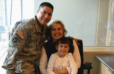 
                    Left to Right: Capt. Ed Suarez, Jennifer, his wife of 18 years, and their daughter Maria. The couple participates in the Minnesota National Guards' Beyond the Yellow Ribbon program, which helps Guards reintegrate back into civilian life.
                                            (Angela Kim)
                                        