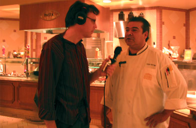 
                    Weekend America host Bill Radke (left) with the chef at the Golden Nugget buffet in Las Vegas.
                                            (Suzie Lechtenberg)
                                        