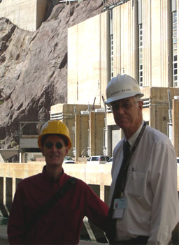 
                    Nevada historian Dennis McBride (left) and Bob Walsh, with the Bureau of Reclamation, at the base of Hoover Dam.
                                            (Krissy Clark)
                                        