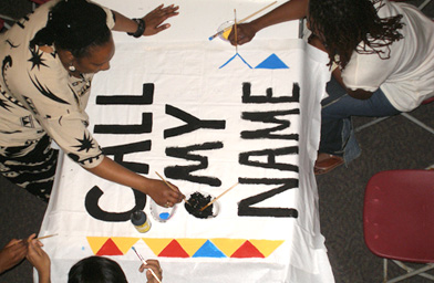
                    Volunteers working on a quilt panel during one of several Call My Name workshops run by the Atlanta NAMES Project Foundation.
                                            (The NAMES Project Foundation, Atlanta, GA)
                                        