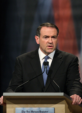 
                    Republican candidate for U.S. President, former Arkansas Gov. Mike Huckabee, speaks during the Des Moines Register Republican Presidential Debate at the Iowa Public Television studios December 12, 2007 in Johnston, Iowa.
                                            (Andrea Melendez-Pool/Getty Images)
                                        