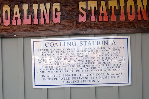 
                    One version of how the town of Coalinga got its name is captured on this sign, hanging on the side of the R.C. Baker Memorial Museum in downtown Coalinga.
                                            (Krissy Clark)
                                        