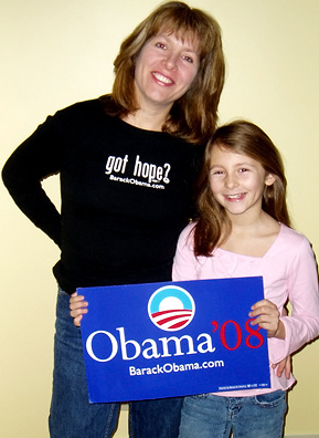 
                    Barbara Petrocelli poses here with her daughter Lizzy, aged 10. Last year, Petrocelli's frustration with the Bush administration spurred her recent involvement with the political process. She spends many weekends canvassing New Hampshire neighborhoods and often brings Lizzie along with her.
                                            (William Petrocelli)
                                        