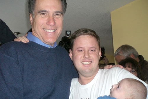 
                    Michael McNarney and William pose with Mitt Romney on New Year's Day at a Johnston, Iowa, home where Romney watched football and mingled with voters.
                                            (Courtesy Michael McNarney)
                                        