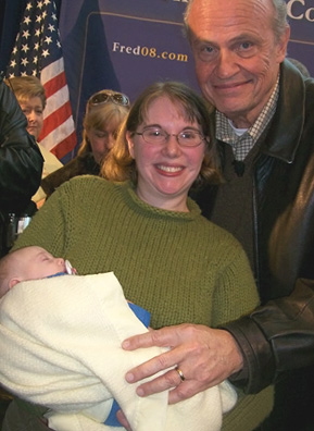 
                    Baby William and Lauren McNarney pose with former Tenn. senator and "Law & Order" cast member Fred Thompson near Thompson's Urbandale campaign headquarters.
                                            (Courtesy Michael McNarney)
                                        