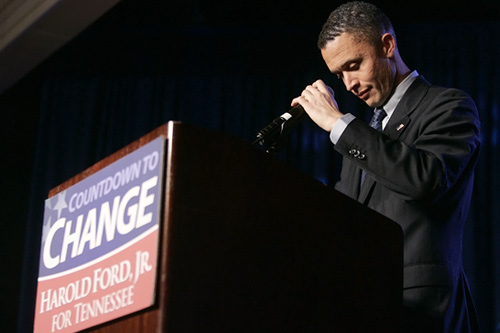 
                    In 2007, Harold Ford, Jr., attempted to become the first African-American senator in the South since Reconstruction. His candidacy polled well in the weeks leading up to the election, but he eventually fell short with 48 percent of the vote. Citing the Bradley Effect, writer Ellis Cose warned of this in an October 30, Newsweek article. Ford is shown here conceding to Republican Bob Corker on November 7, 2006, in Memphis, Tenn.
                                            (Chris Hondros / Getty Images)
                                        