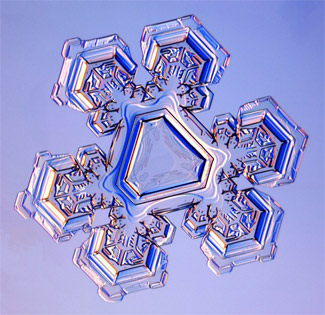 
                    Snowflakes can form into little triangles, or triangular crystals, when the temperature drops to 28 degrees Fahrenheit. These crystals are relatively rare, and the reason for their triangular shape is as yet unknown.
                                            (Kenneth Librecht)
                                        