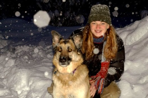 
                    Ely and her dog Meg at four in the afternoon during a record snowfall in the winter of 2006.
                                            (Jeremy Storm)
                                        