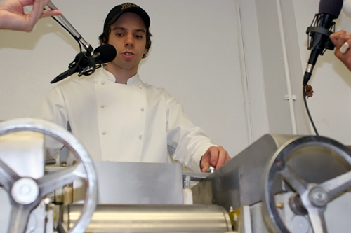 
                    Gasko explains one of his many chocolate-making tools: the triple roll mill.
                                            (Josh Sarantitis)
                                        