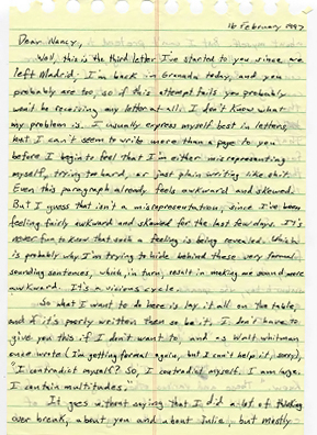
                    Page one of the letter that Rob wrote to his future wife Nancy in 1997.
                                            (Courtesy Rob McGinley Myers)
                                        