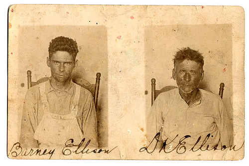 
                    Father and son Barney and D.K. Ellison were arrested for murder. This 1929 mugshot was taken in Llano, Texas.
                                            (Courtesy Steidl & Partners Publishing)
                                        