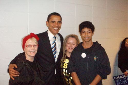 
                    Weekend America listener Marguerite Harvey is pictured here with (l to r): Barack Obama, her daughter Ruthie and her grandson Harvey.  Marguerite nominated the line "Gentlemen, you can't fight in here. This is the War Room!"
                                            (Courtesy of Marguerite Harvey)
                                        