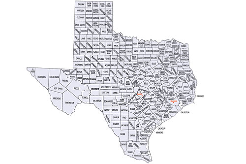 
                    A map of the counties in Texas.
                                            (--)
                                        