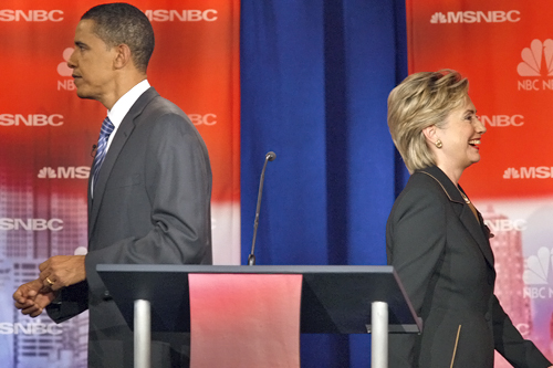 
                    Sen. Hillary Clinton with Sen. Barack Obama at the Democratic debate in Philadelphia five months ago.
                                            (Stan Honda/AFP/Getty Images)
                                        