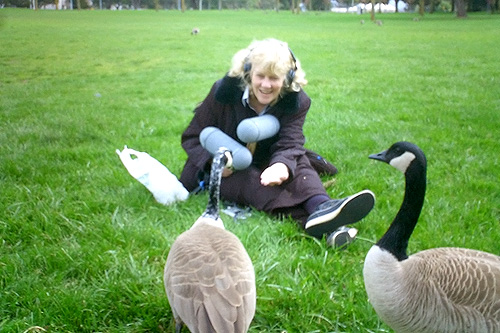 
                    "Sound Whisperer" Ann Kroeber coaxes sound from a pair of geese.
                                            (Courtesy Ann Kroeber)
                                        