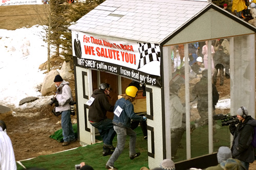 
                    Participants in the 2008 Frozen Dead Guy Days coffin race take off from the starting shed.
                                            (Tupstanger/Flickr)
                                        