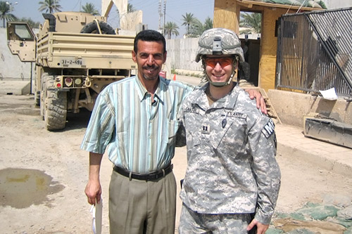
                    Capt. Phillip Carter with Dr. Thaer Kudier al-Qasi, an Iraqi law professor who served as a translator and legal adviser for Carter's team and their work with the Iraqi police and courts.  Thaer was killed by Al Qaeda in Mesopotamia in November 2006, two months after Carter returned home from duty.
                                            (Courtesy Phillip Carter)
                                        