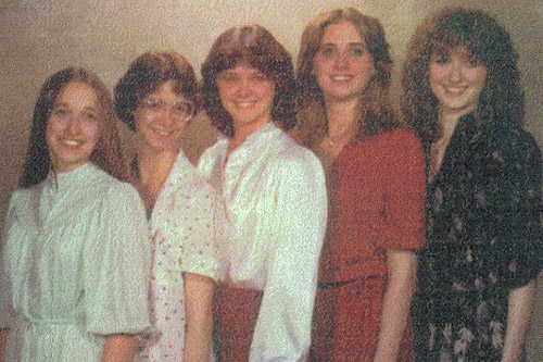 
                    The five Grindle sisters in 1980: (from left) Deb, Jill, Jan, Gay and Kim. Jill and Jan and Gay and Kim are two sets of identical twins.
                                            (Courtesy Kim Hershberger)
                                        