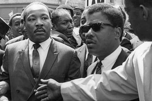 
                    Martin Luther King, Jr., is jostled in Memphis as the march he's leading on March 28, 1968 turns violent. He would be assassinated just days later.
                                            (University of Memphis Libraries)
                                        