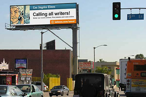 
                    A billboard in Los Angeles prompts writers to submit a chapter to "Birds of Paradise."
                                            (Los Angeles Times)
                                        