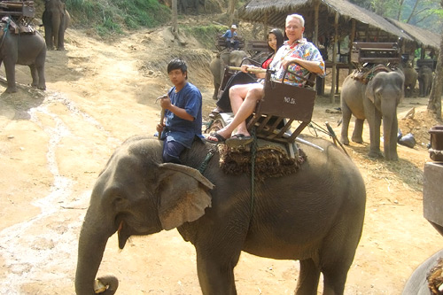 
                    Peter Maxon and a Thai friend share a ride on an elephant.
                                            (Courtesy Paul Maxon)
                                        