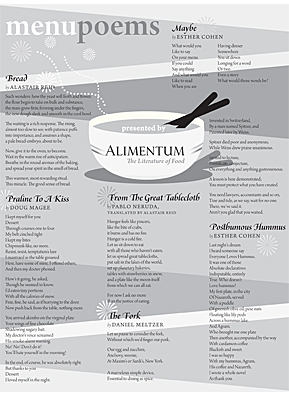 
                    Page one of Alimento's menupoems. Alimento claims to be the only literary magazine dedicated solely to the subject of food.
                                            (Courtesy Alimento)
                                        