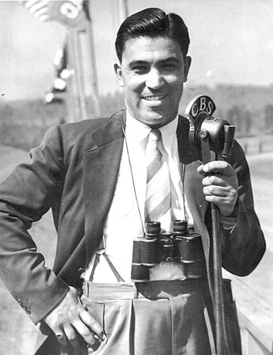 
                    Joe Hernandez as he appeared at the time of Seabiscuit's victory in the 1940 Santa Anita Handicap. Here, he poses minutes before going live to call a race for CBS radio affiliates. His charismatic looks and distinct voice later made him a natural for television.
                                            (Courtesy Caballo Press of Ann Arbor and Frank Hernandez. All rights reserved.)
                                        