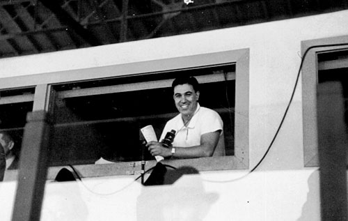 
                    A youthful Joe Hernandez in the caller's booth at Bay Meadows.
                                            (Courtesy Caballo Press of Ann Arbor and Frank Hernandez. All rights reserved.)
                                        