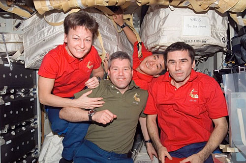 
                    The crew of STS-122 wake up to zero gravity and the" Powdermilk Biscuit Theme" -- the signature tune of American Public Media's "Prairie Home Companion with Garrison Keillor."
                                            (NASA)
                                        
