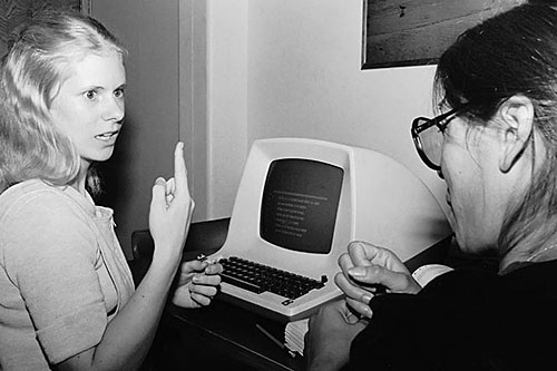 
                    Deaf services at the Center for Independent Living using an early TDD telephone machine.
                                            (Center for Independent Living)
                                        