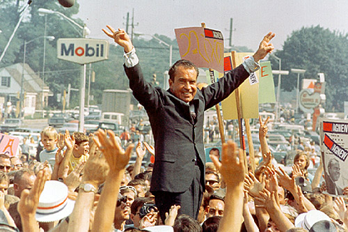 
                    Republican presidential nominee Richard Nixon on a campaign stop in Philadelphia, July 1968.
                                            (Ollie Atkins Photograph Collection, Special Collections & Archives, George Mason University Libraries)
                                        