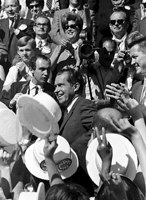 
                    Idahoans cheer at a rally for Nixon in 1968. It was the support from states like Idaho that Nixon hoped to get with his focus on the "silent center" and "silent majority".
                                            (Wayne Cornell)
                                        