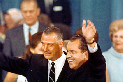 
                    Richard Nixon and Spiro Agnew celebrate their nomination as the Republican candidates for president and vice president at the Republican National Convention in 1968.
                                            (Ollie Atkins Photograph Collection, Special Collections & Archives, George Mason University Libraries)
                                        