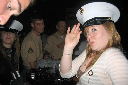 
                    Felice Santorelli (wearing hat) at the Fleet Week kickoff party at Hard Rock Cafe New York, organized by the USO. In the background: Kelly McEvers, Brandal Harrington and Nicholas Smith.
                                            (Courtesy Kelly McEvers)
                                        