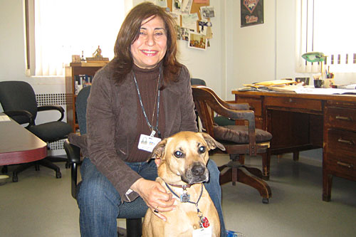 
                    Leslie Martin and Cassie the "therapy dog," who likes to sleep at the feet of the vets as they're talking, and nuzzle them now and then.
                                            (Krissy Clark)
                                        