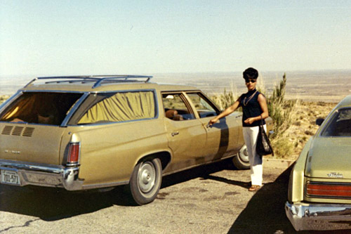 
                    Willie Cooper, Sr., swapped Old Betsy for another Buick -- a station wagon. He put curtains in the back windows and fashioned a bed in the back so that Desiree and her brother could sleep more comfortably in the car. In this picture is Desiree's mom Barbara Cooper at a sightseeing stop in the Southwestern desert.
                                            (Courtesy Desiree Cooper)
                                        