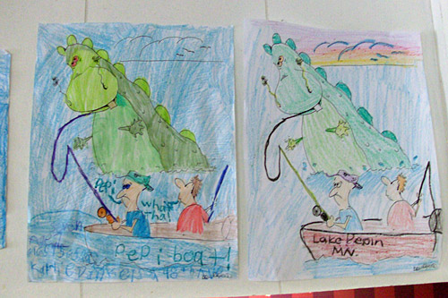 
                    Entries in the Pepie coloring contest at the Get 'n Go convenience store and gas station in Lake Pepin, Minn. The owner of the store, which also sells bait, swears he's seen Pepie, the town's "mythical" monster that lives under the lake.
                                            (John Moe)
                                        