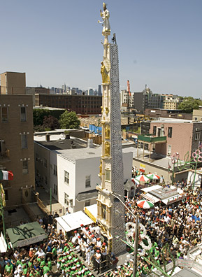 
                    The Giglio stands more than 65 feet tall and weighs nearly five tons. The structure is now made out of aluminum; in Italy the Giglios are still made of wood.
                                            (Michael Bocchieri)
                                        