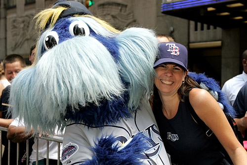 
                    Raymond, the Tampa Bay Rays official mascot and a fan during the MLB All-Star Game Red Carpet Parade in New York City.
                                            (Mike Stobe/Getty Images)
                                        