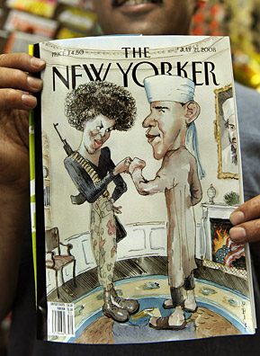 
                    New York City newsstand owner Taleb Alkardai holds a New Yorker magazine with a cover that depicts Democratic presidential candidate Barack Obama dressed as a Muslim and his wife as a militant sporting an Angela-Davis-style afro while the U.S. flag burns in a fireplace that has a portrait of Osama Bin Laden hanging over it. Barack Obama's campaign called the magazine cover "tasteless and offensive."
                                            (Timothy A. Clary/AFP/Getty Images)
                                        