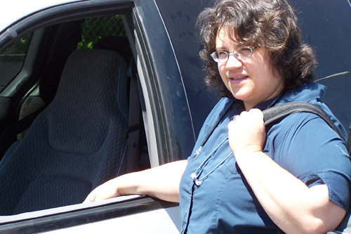 
                    Debra Nicholls heading off to her weekend job as a hospice caregiver.
                                            (Courtesy Debra Nicholls)
                                        