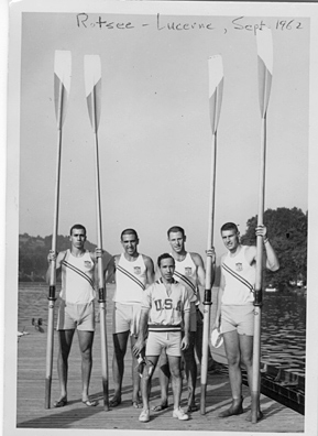 
                    Don Spero's first trip to the World Championships, in Lucerne, Switzerland, 1962, where his team finished 10th.   Left to right: Dick Millman - bow, Harvey Rubenstein, Allen Rosenberg (cox and coach), Don Spero, Dick Schwartz - stroke
                                            (Courtesy Don Spero)
                                        